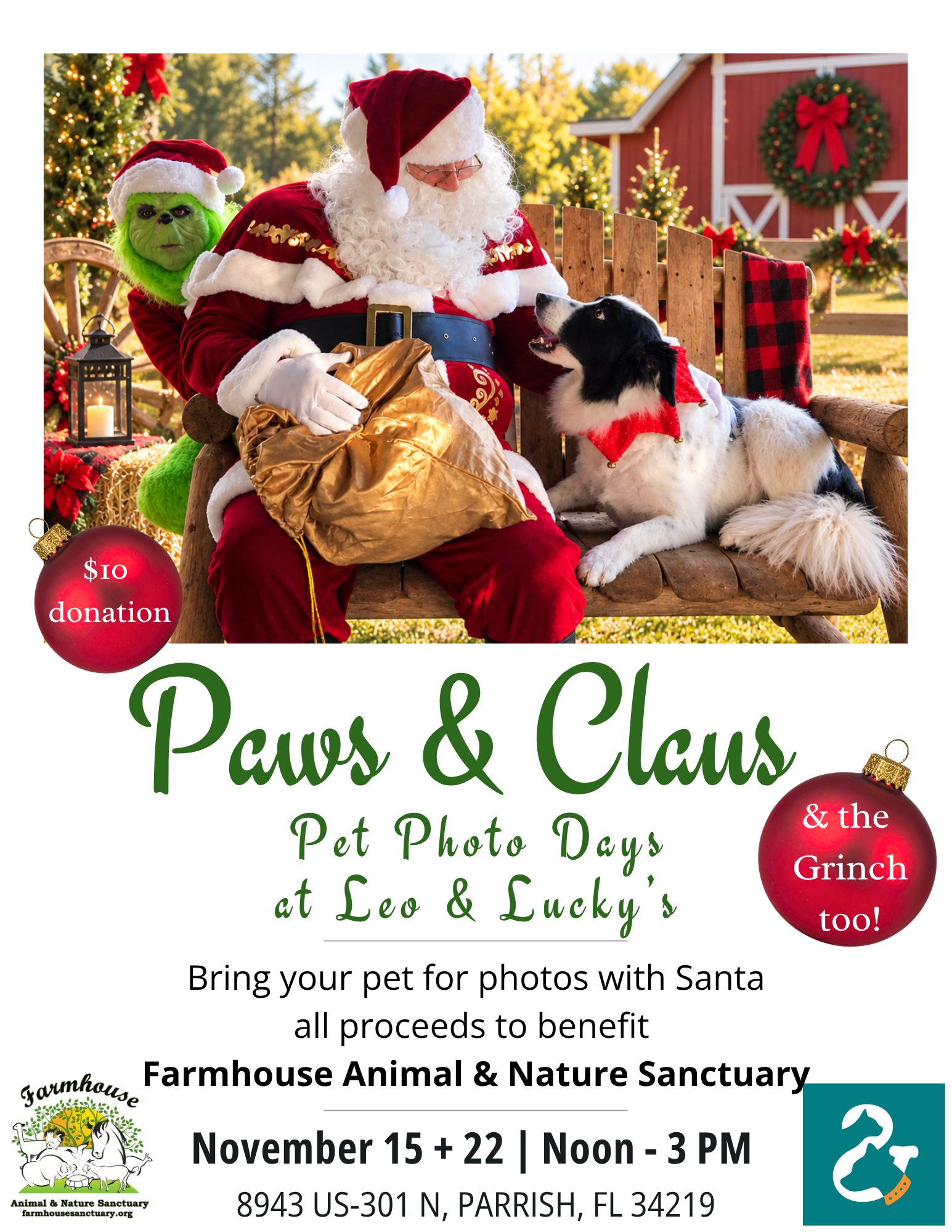Santa and Grinch pet photo fundraiser at Leo & Lucky’s in Parrish, Florida