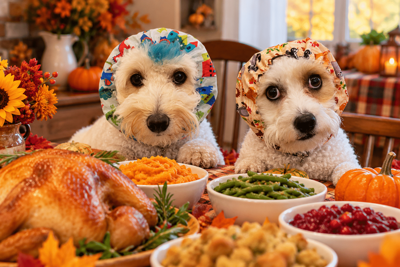 Lucky and Riptide wearing snoods at a dog-friendly Thanksgiving dinner